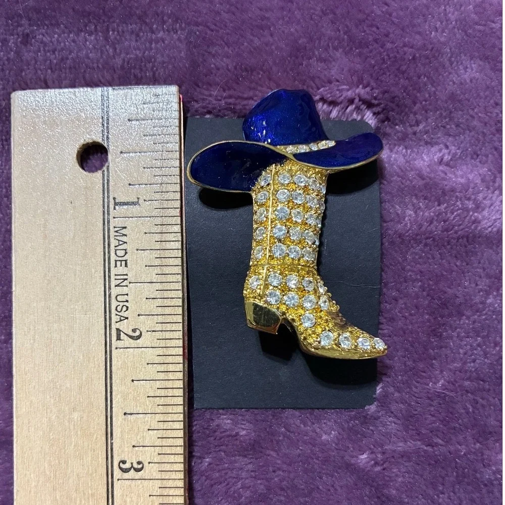 Vintage Style Gold Tone Rhinestone Cowboy Boot and Blue Hat Brooch Pin Western